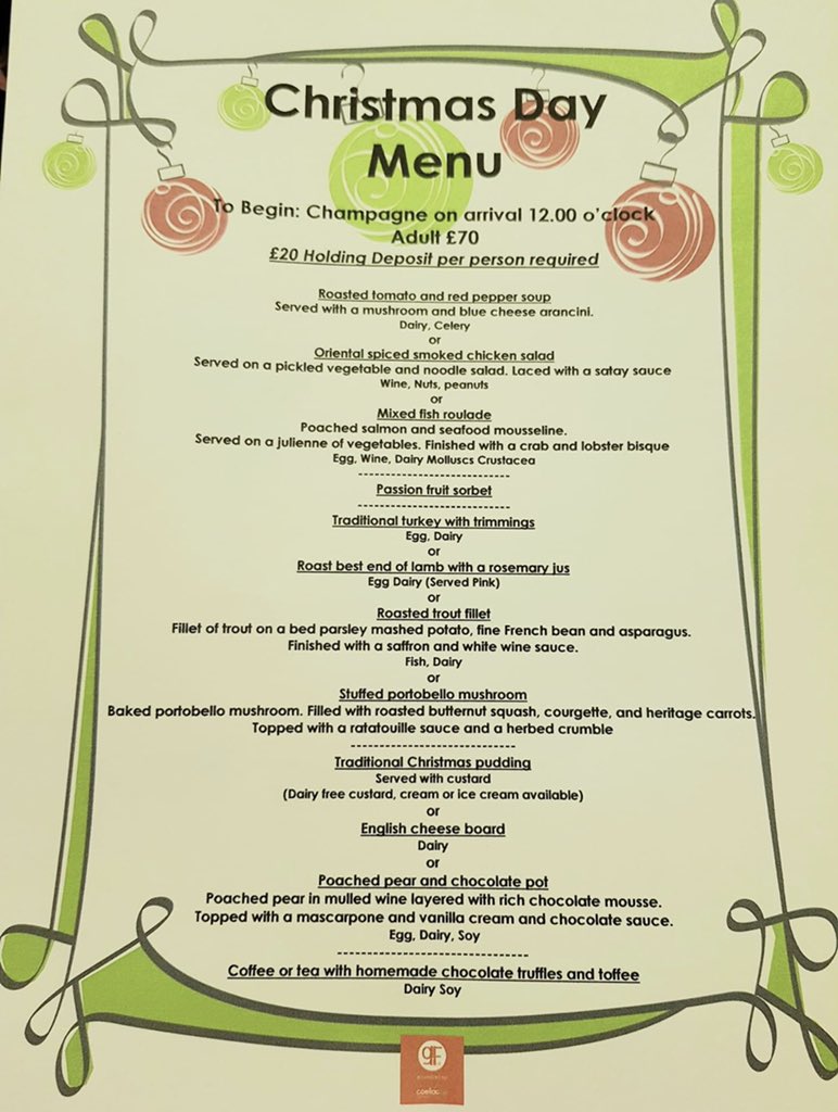 Our Christmas day menu is available and we are now taking bookings today. This post will be edited as tables are booked.
Current available tables are - 
2 tables for 6 people
1 table for 5 people