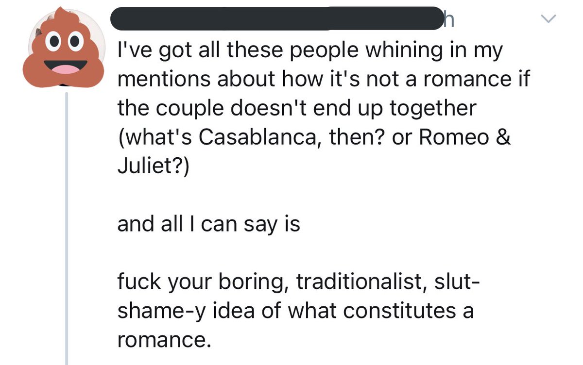 Casablanca is a Drama with romantic subplot.R&J is a romantic Tragedy.This not “Romance stans” being unreasonable. It is a supposed expect clearly not having a basic understanding of the difference between genres, subplots, and romantic relationships in media.