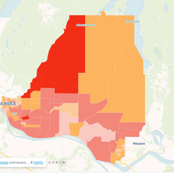 Here is neighbouring Maple Ridge-Mission. The  @bcndp narrowly won both Maple Ridge ridings in 2017.   #bcvotes  https://taracarman.carto.com/builder/b...