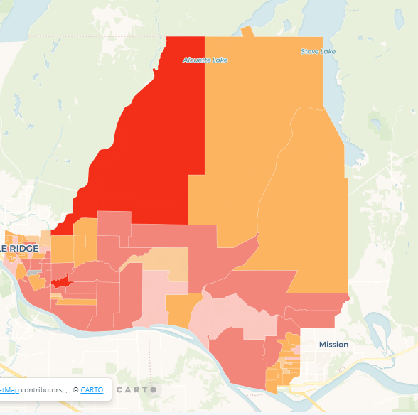 Here is neighbouring Maple Ridge-Mission. The  @bcndp narrowly won both Maple Ridge ridings in 2017.  #bcvotes  https://taracarman.carto.com/builder/bbcdcccc-d4ec-4fbd-872d-1047eac27465/embed