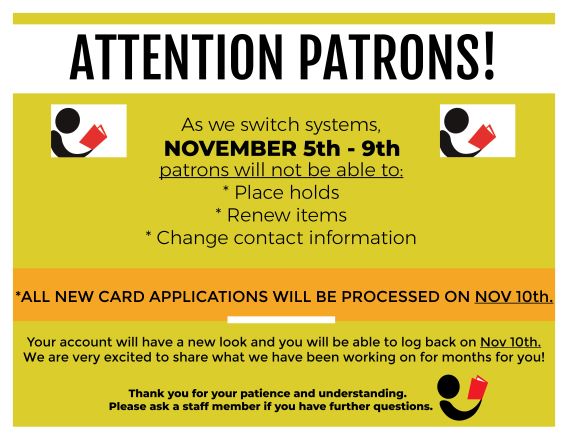 pplmedia's tweet photo. Just a reminder:
PPL will be switching to a new system beginning November 5th - 9th.
Patrons will not be able to:
Place holds
Renew items
Change contact information

Patrons will be able to log back on Tuesday, November 10th.
Thank you for your patience and understanding. #ppl https://t.co/SqJ3FQAmlJ