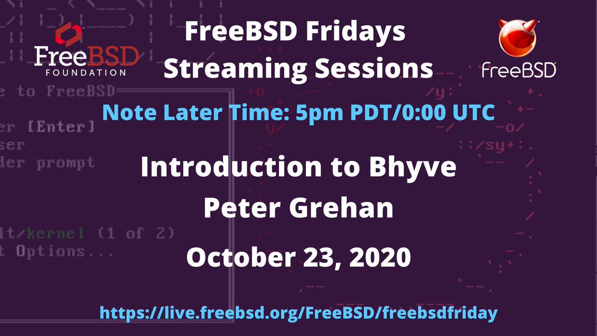 freebsdfndation's tweet photo. Today's the day. Join us at 5pm PDT/0:00 UTC for #FreeBSDFridays. Peter Grehan will take you through an Introduction to #Bhyve. #FreeBSD https://t.co/I4BmvWWHEd https://t.co/Um6W7qrq9F