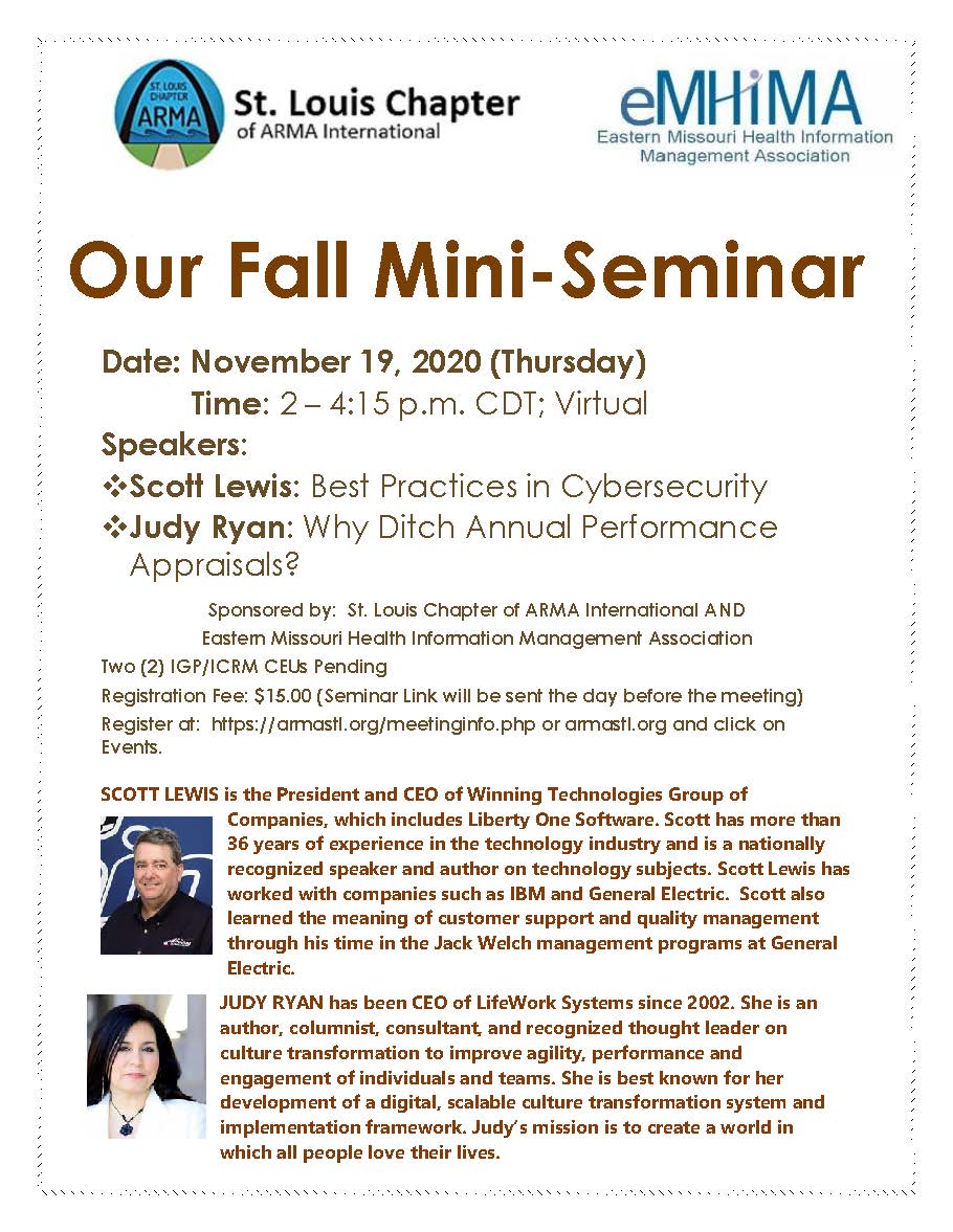 ARMASTL's tweet photo. #ARMASTL &amp; Eastern Missouri Health Information Management Association present #thoughtleaders Scott Lewis #cybersecurity and Judy Ryan @LifeworkSystems #workplaceculture Nov19@2p https://t.co/OoF0ZpLkHK