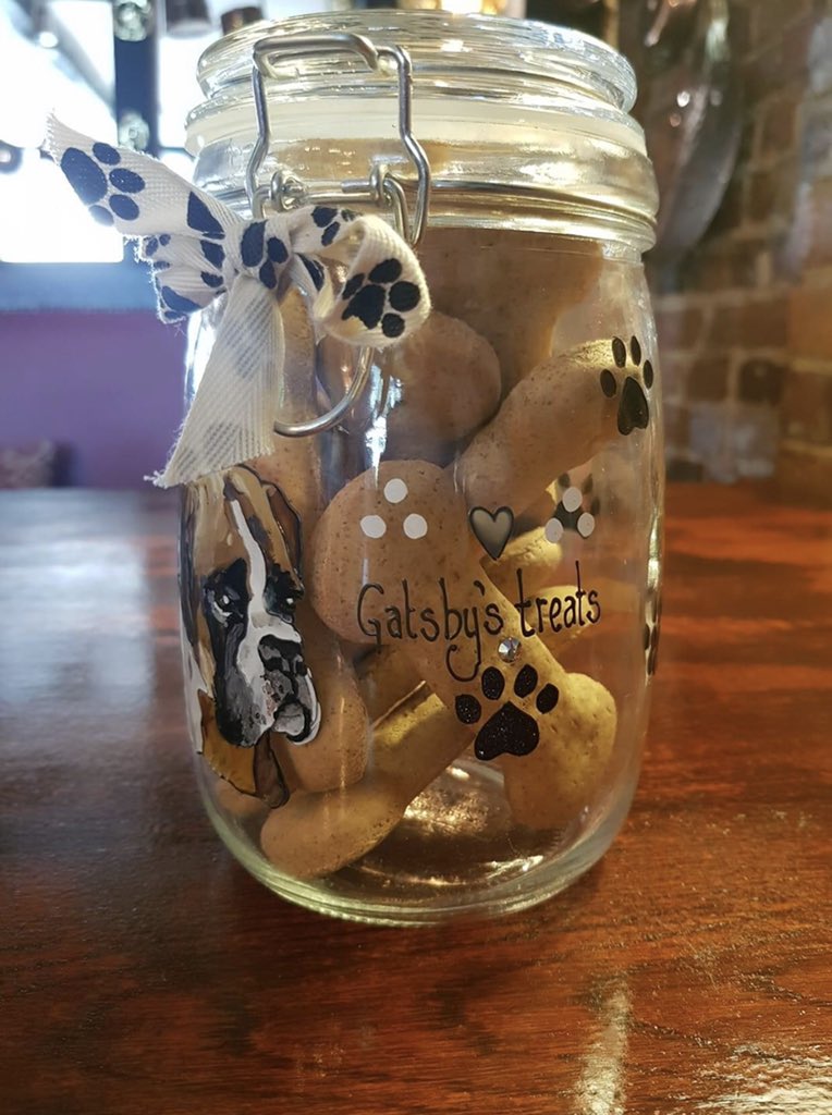 Our Resident pooch Gastby's new treat jar! Although he is happy to share the contents with our other 4 legged guests when they visit our dog friendly pub.