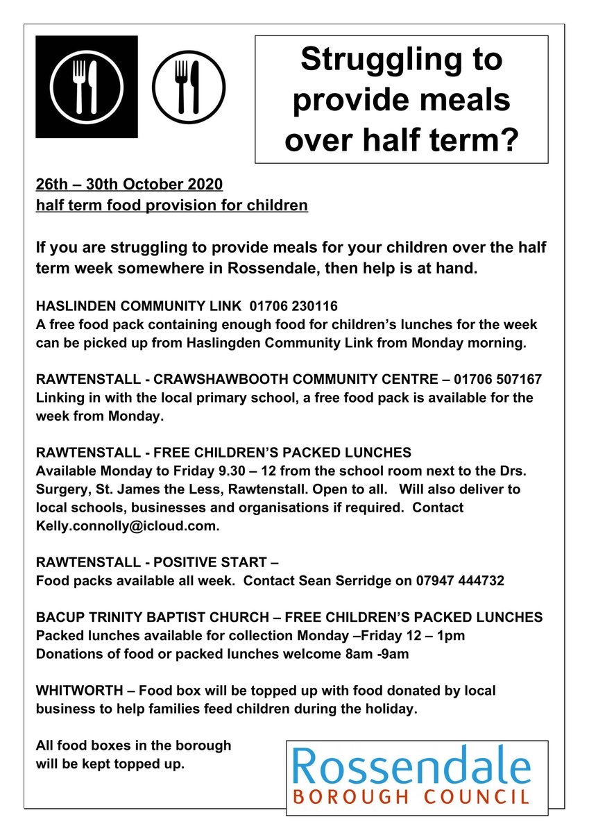 RossendaleBC's tweet photo. Rossendale Council are working in partnership with these fantastic organisations to make sure no families struggle over half term to provide meals for their children. Please contact them if you need help. https://t.co/e7UipxZCyq