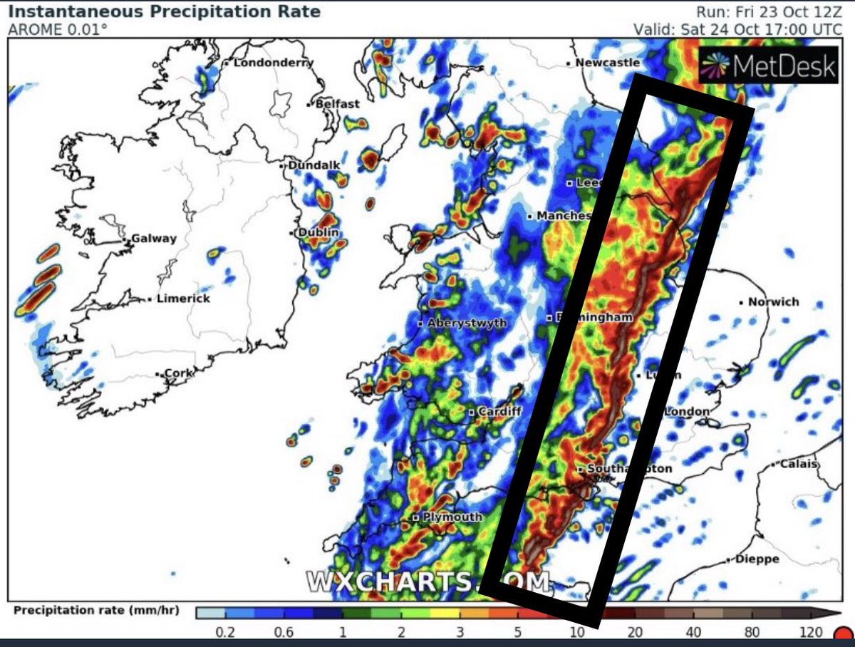 A very intense #squallline will pass SE across England &amp; particularly west Wales tomorrow, Very torrential rainfall &amp; wind gusts of 50-60mph even inland with this potentially, areas circled on wind map I’m watching closely for gusts to approach 70mph locally! #ukweather #squall