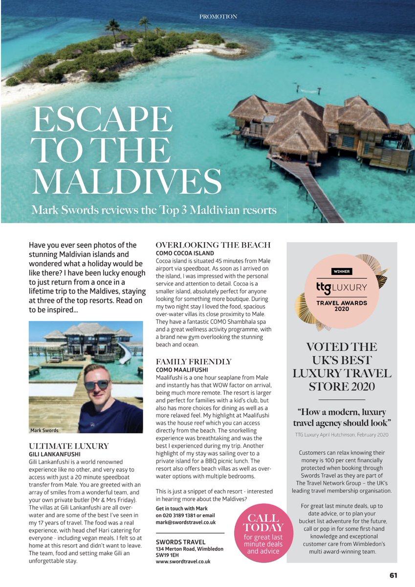 Throwback to April and Mark’s article in <a href="/timeandleisure/">Time & Leisure magazine</a> about his trip to the Maldives! 

He visited <a href="/GiliLankanfushi/">Gili Lankanfushi</a> <a href="/COMOHotels/">COMO Hotels and Resorts</a> Maalifushi &amp; Cocoa Island. With no quarantine, now is the time to book that trip to the Maldives with the experts. 

Contact us on 0203 189 1381 / DM