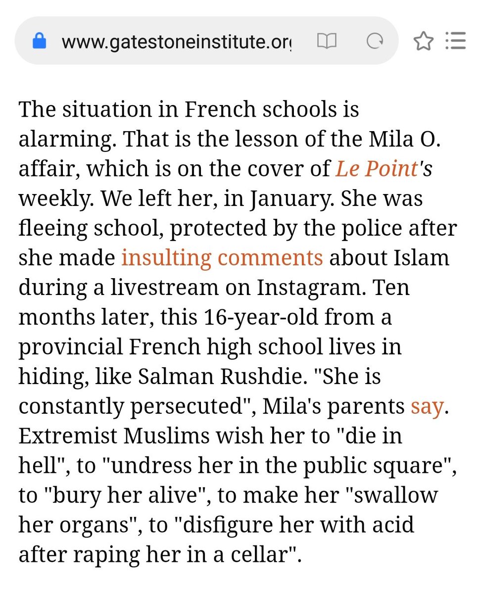 The boy replied:"I will strangle you and rape your mother!".He swore on the Quran and Allah."He also told me he would reveal my location on his Snapchat account."Many students at Mila's former school say she deserved this fate. https://www.lepoint.fr/societe/mila-elle-a-eu-ce-qu-elle-meritait-16-10-2020-2396734_23.php.