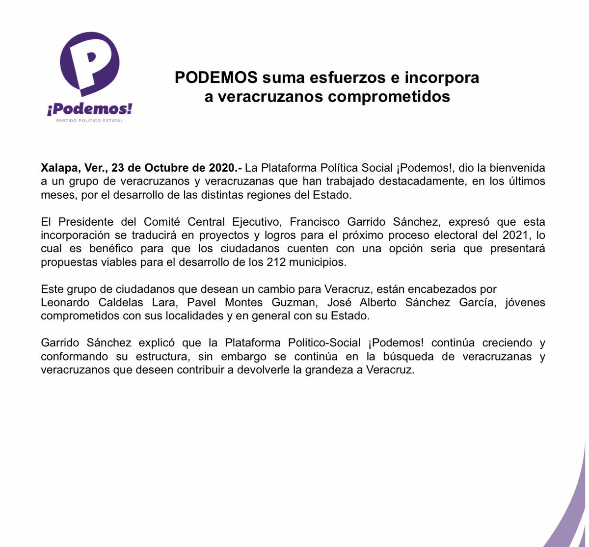 Garrido_FS's tweet photo. Hoy damos la bienvenida en @PODEMOS_Ver a un grupo de veracruzanos y veracruzanas que han trabajado destacadamente, por el desarrollo de las distintas regiones del Estado.
#SíPodemos #TrabajarPorVeracruz https://t.co/OlCfvOAL11