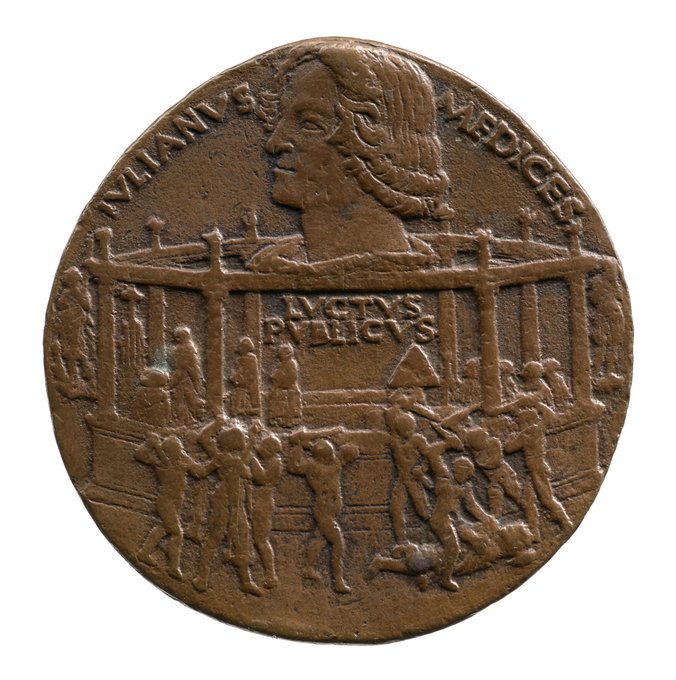 Bronze medal representing the Pazzi Conspiracy. A bust of a curly-haired man in profile to the left above an octagonal platform in front of which figures hit a man lying on the ground with clubs.