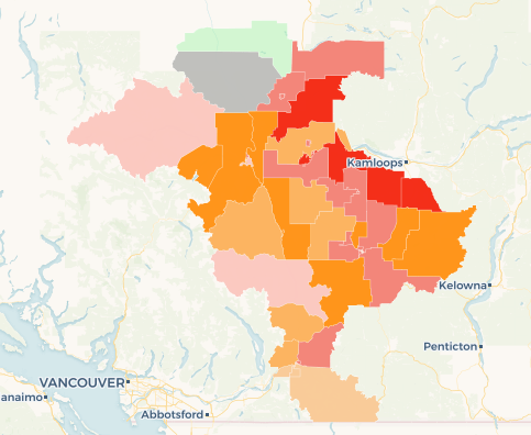 Here is Fraser-Nicola, another riding the  @bcndp has in its sites. Random trivia; the grey polling station in the north of the riding had no recorded votes in 2017.  #bcvotes https://taracarman.carto.com/builder/449830f8-5ef3-4ae0-bb76-fe1a3d266e62/embed