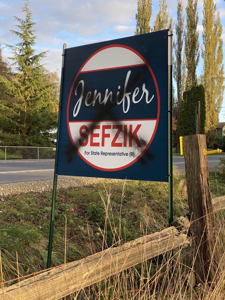 JenniferSefzik's tweet photo. As sad as it is to see the wide spread vandalism and theft of our signs over the last few days, I rest easy knowing that it’s because our opponents are feeling the heat and know the momentum is in our favor.

12 days!

#waleg #waelex https://t.co/GWiU9pFeXC