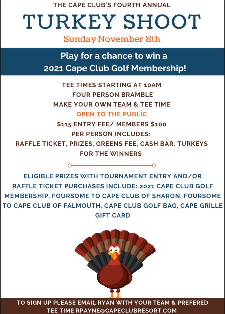 CapeClubResort's tweet photo. You are invited to The Cape Club’s Fourth Annual Turkey Shoot! 🦃 For more information please email our Director of Golf, Ryan Payne rpayne@capeclubresort.com
#golfcourse #capecodgolf #thecapeclub #golf #massgolf #publiccourse #countryclub #capelife #fallgolf #turkeyshoot https://t.co/ZniwC6Ryb5