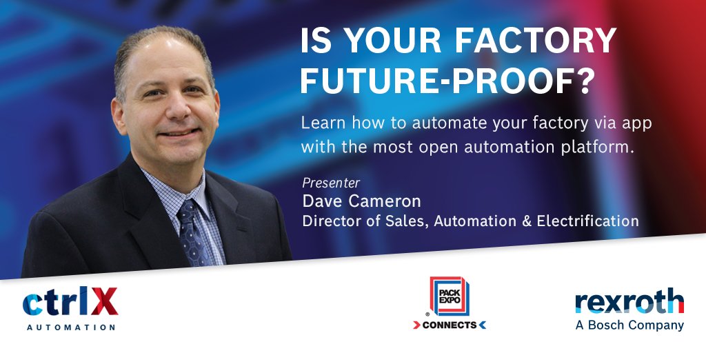 At this year's PackExpo Connects Rexroth's Dave Cameron will present how to automate your Packaging Factory of the Future via app. Don't forget to add the presentation to your show planner ow.ly/zaH150C1bsi. #ctrlxautomation #automation #gamechanger
