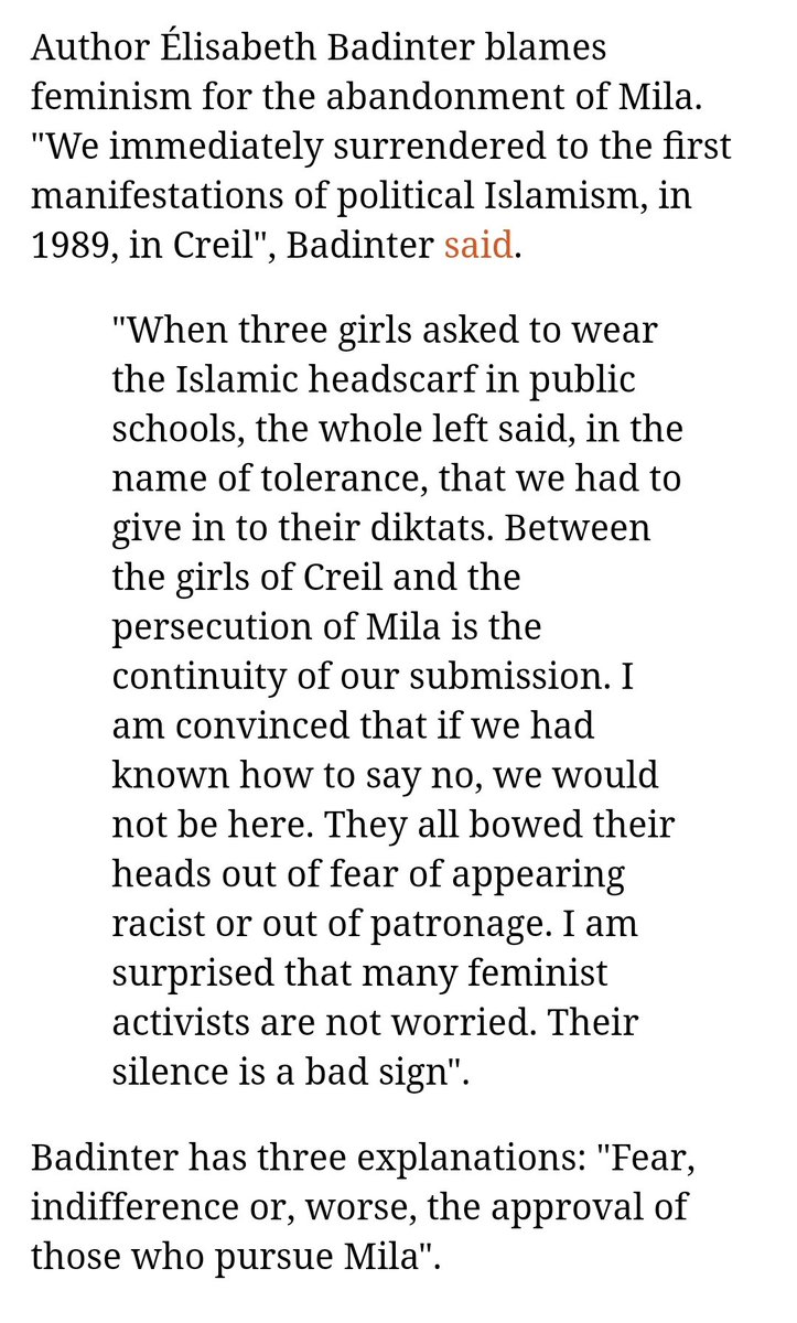 "When three girls asked to wear the Islamic headscarf in public schools, the whole left said, in the name of tolerance, that we had to give in to their diktats.Between the girls of Creilandthe persecution of Mila isthe continuity of our submission.....