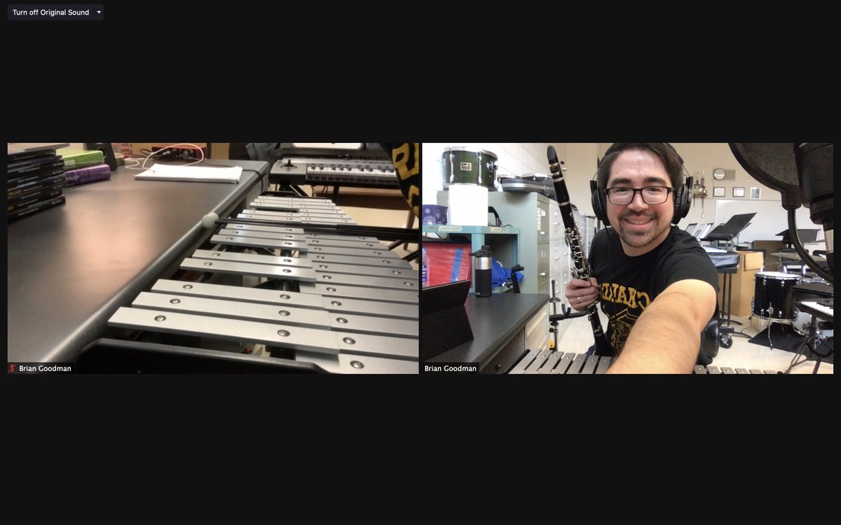CRidgeBand's tweet photo. I was fortunate enough to start 5th grade beginning band members this week. While teaching percussion, I realized that two camera angles are better than one for showing how to set it up! #cridgepride #zoom https://t.co/D6fE22b9hZ