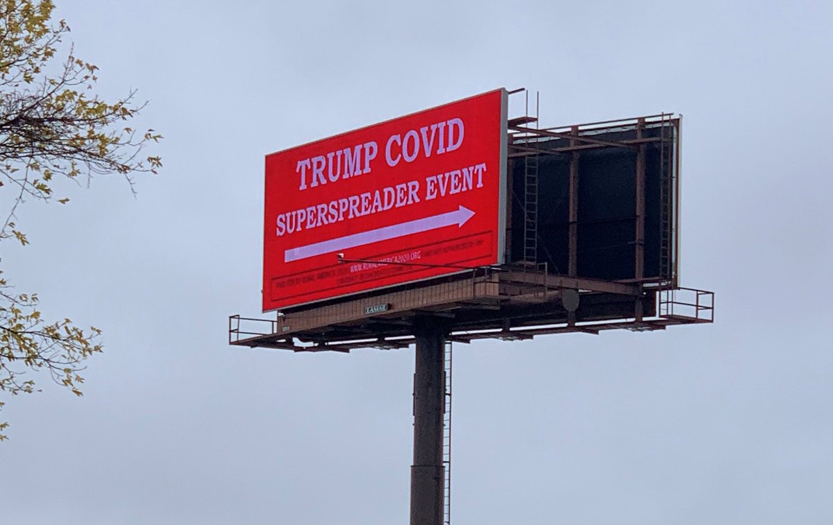 #Wisconsin has one of the worst COVID outbreaks in the country right now. So, of course @realDonaldTrump is doing a rally tomorrow not far from a field hospital that's been set up in #Milwaukee. As always, we're up with billboards outside the event to warn WI families. https://t.co/W0nNsD2CMz