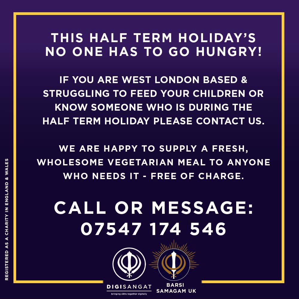 IF YOU ARE WEST LONDON BASED &amp;  STRUGGLING TO FEED YOUR CHILDREN OR KNOW SOMEONE WHO IS DURING THE HALF TERM HOLIDAY PLEASE CONTACT US.WE ARE HAPPY TO SUPPLY A FRESH, VEGETARIAN MEAL TO ANYONE- FREE OF CHARGE. CONTACT 07547 174 546

#ENDCHILDFOODPOVERTY <a href="/MarcusRashford/">MR14</a>