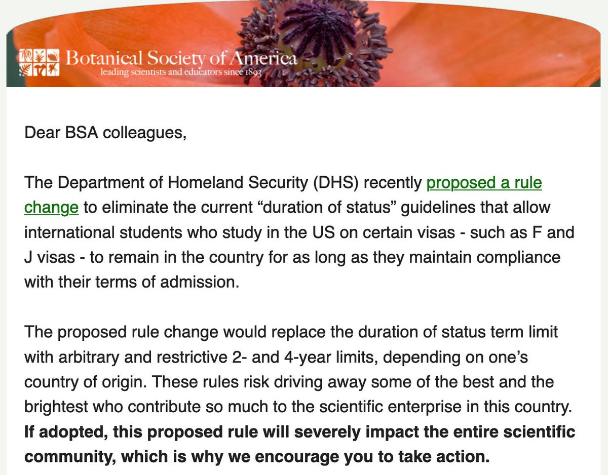 Latest DHS proposed policy change would impose stricter duration restrictions on F &amp; J visa holders. Submit a comment &amp; support our international colleagues. 

Deadline is Oct 26 to let your voice be heard. #YouAreWelcomeHere #iamabotanist #scicomm 

mailchi.mp/botany.org/bsa…