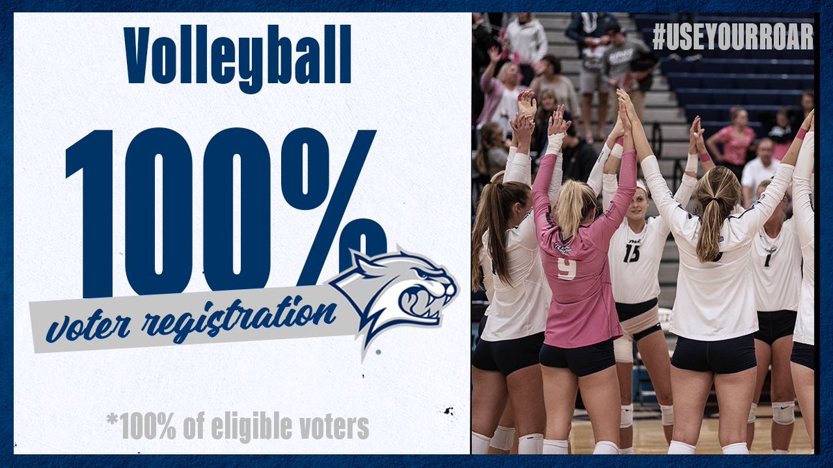 UNHVOLLEYBALL's tweet photo. UNH Volleyball team hit 100% eligible voters! #UseYourRoar 🐾 https://t.co/cW46nfFKwy