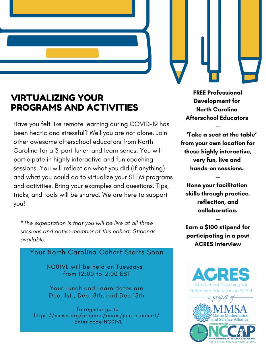 ncafterschool's tweet photo. Are you looking for valuable #STEM professional development? NC CAP has partnered with Afterschool Coaching for Reflective Educators in STEM (ACRES) to provide STEM PD. Join us on 12/1, 12/8, &amp; 12/15 for awesome PD from 12-2pm EST. To register, visit https://t.co/DfQU1RmN8B https://t.co/LwabiZ0J5V