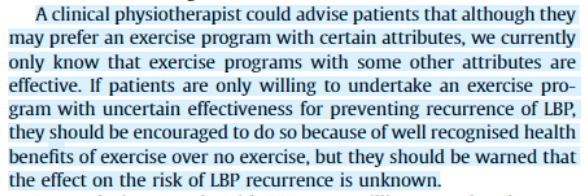 There are lots of potential implications from our study. I'll list a few and briefly comment on them. This is my favourite: HCPs discussing exercise to prevent back pain with patients need to have an honest conversation about what patients should expect, and more 