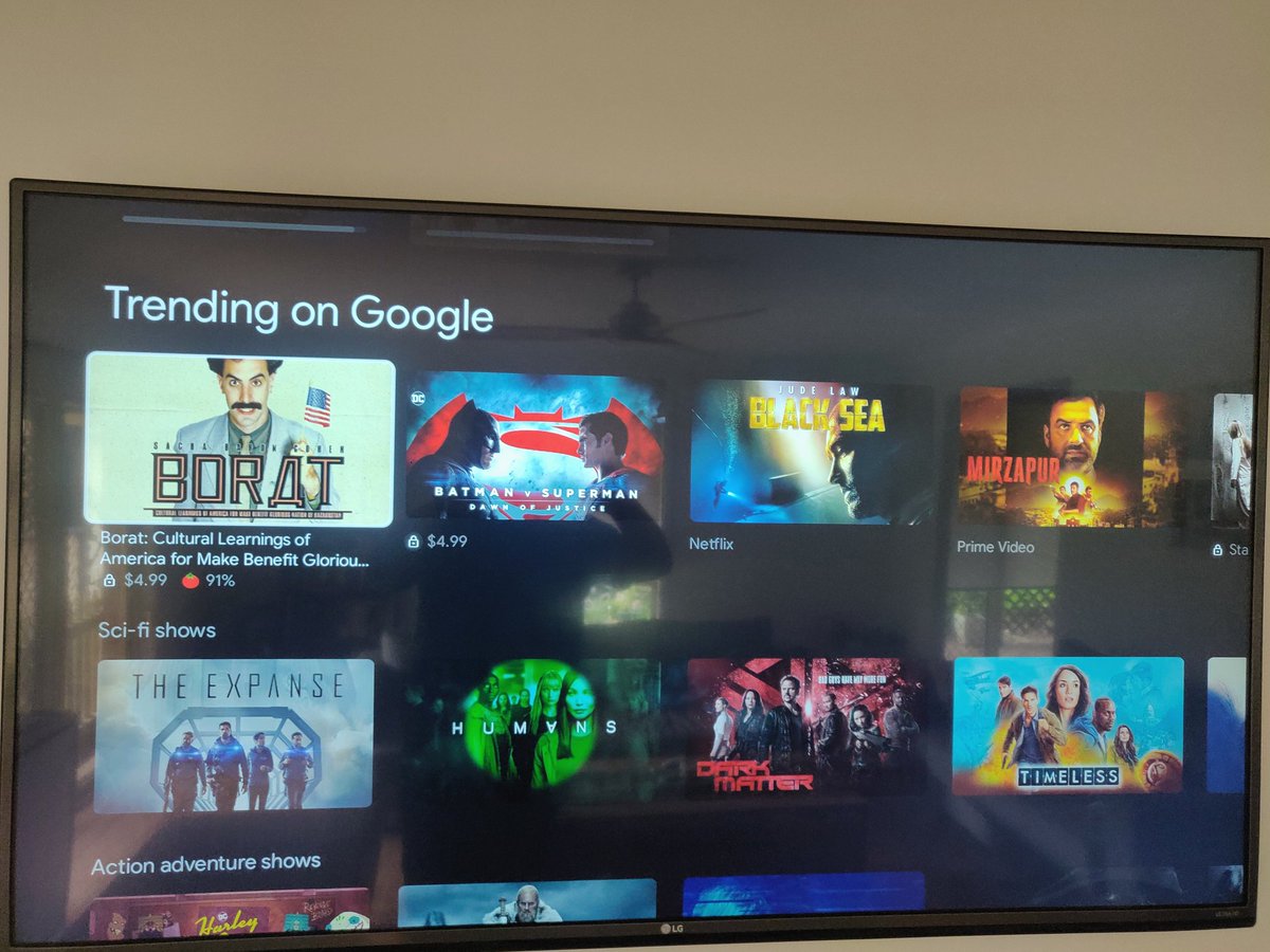 wired0's tweet photo. @Chromecast unhappy how the new Chromecast homepage tries to sell me shows it knows I already have access to for free! Case in point, Borat free on my Amazon prime sub and $4.99 from Google 🤔😞 Chromecast 2020 promoting their own video service over others. #antitrust https://t.co/aAqa4n1aMo
