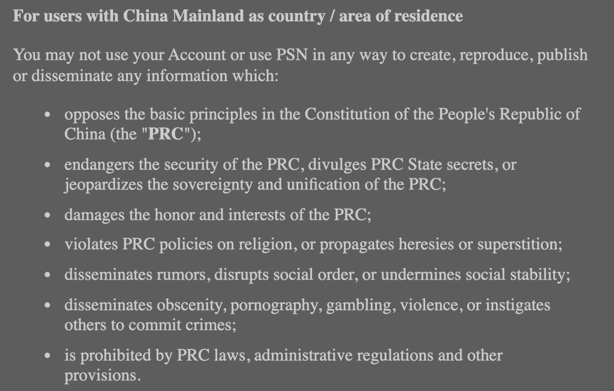 This 2003 law is very broad and open to interpretation, as with all Chinese laws. But this is nothing new for people in China, who already deal with these censorship laws. Anyway. Here is PlayStation Asia ToS from October 2020 to support above.  http://legaldoc.dl.playstation.net/ps3-eula/psn/h/h_tosua_en.html