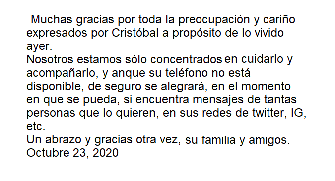 Vinka Jackson (@vinkajackson_) on Twitter photo Querido TL, me han encomendado compartir este mensaje de la familia del querido <a href="/CristobalYessen/">Cristóbal Yessen</a>
que les agradecería mucho poder difundir.
Gracias a todos y todas 🙏🏼♥️ Querido TL, me han encomendado compartir este mensaje de la familia del querido <a href="/CristobalYessen/">Cristóbal Yessen</a>
que les agradecería mucho poder difundir.
Gracias a todos y todas 🙏🏼♥️