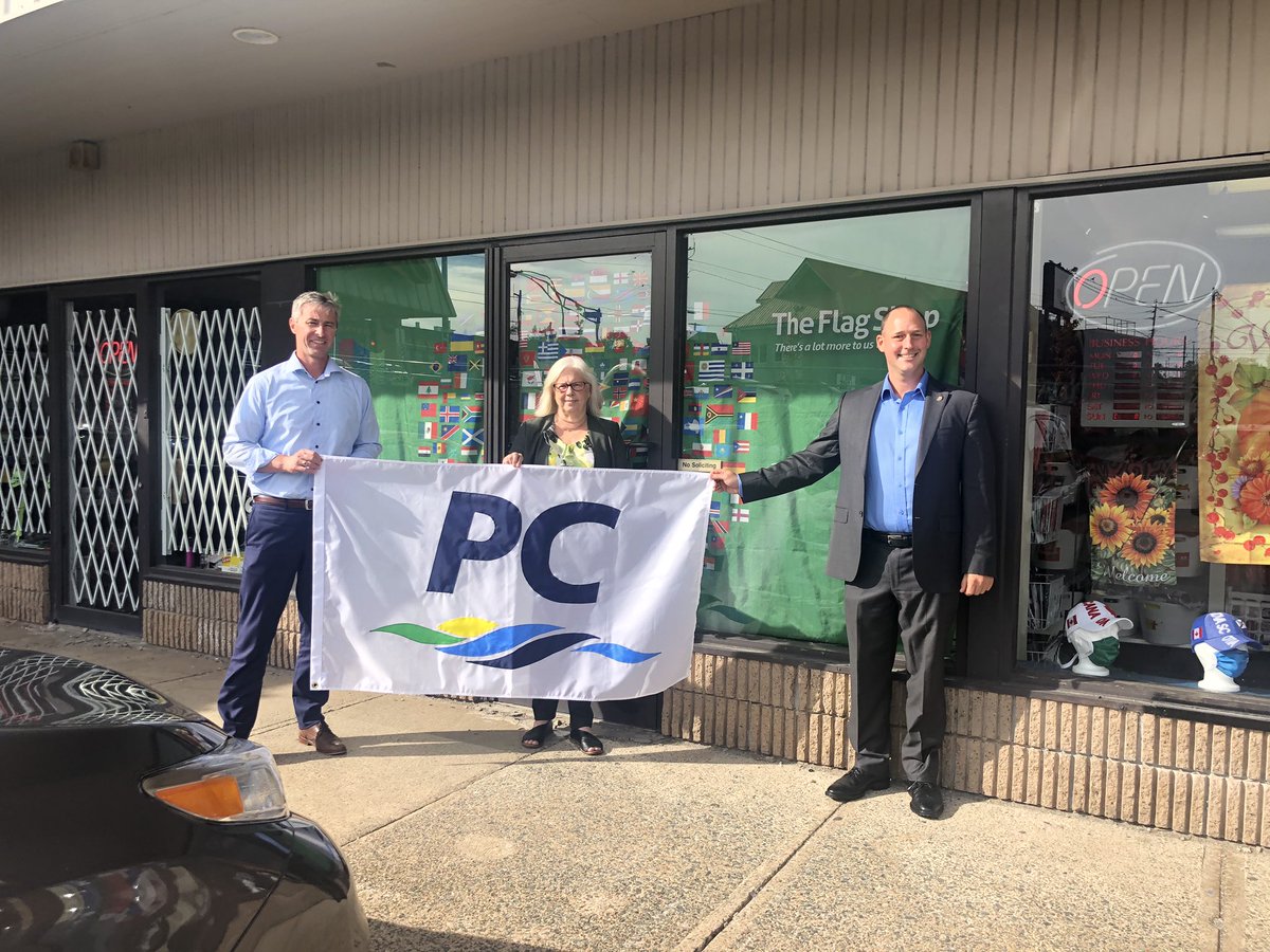 TimHoustonNS's tweet image. They make many of their flags in house, such as the giant Canada &amp;amp; Nova Scotian flags seen every year on the MacDonald &amp;amp; MacKay Bridges. 

Deb even surprised me with a custom flag. I’ll fly this PC Party flag with pride! 

#SmallBusinessEveryDay #SmallBusinessWeek2020