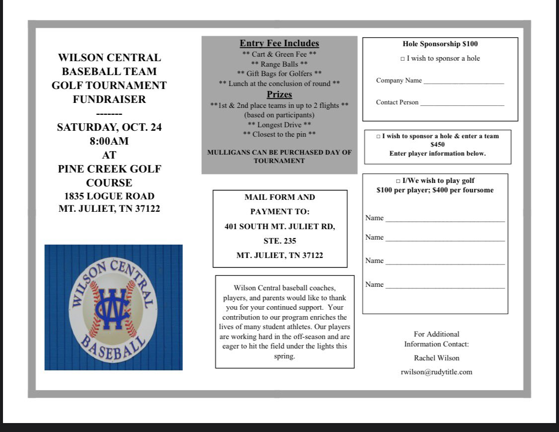 🚨Reminder🚨 Don’t forget to register for the Wilson Central Golf Tournament taking place tomorrow Oct. 24 at 8AM at Pine Creek Golf Course.  Walkups welcome as long as space allows.