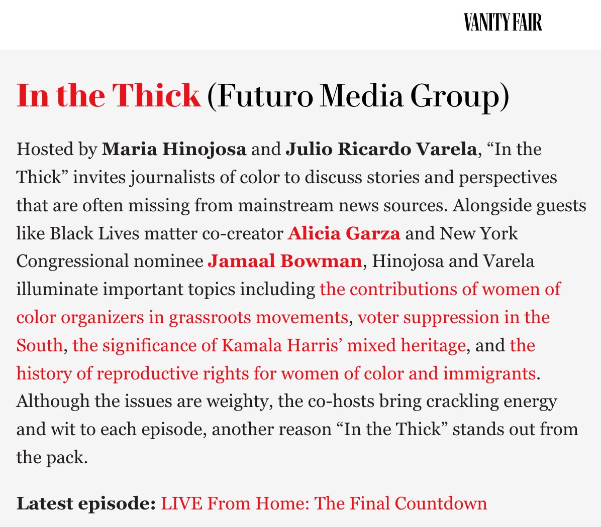 julito77's tweet photo. This week @InTheThickShow gets major kudos from BOTH @VanityFair and @TeenVogue.

@Maria_Hinojosa, people are discovering our "crackling energy." Boom. https://t.co/jmtBDVcnlW