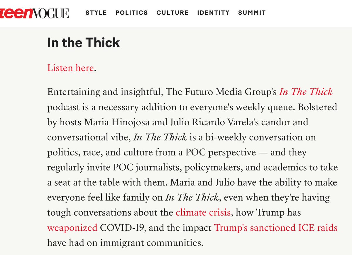 This week <a href="/InTheThickShow/">IN THE THICK</a> gets major kudos from BOTH <a href="/VanityFair/">VANITY FAIR</a> and <a href="/TeenVogue/">Teen Vogue</a>.

<a href="/Maria_Hinojosa/">Maria Hinojosa 🥑</a>, people are discovering our "crackling energy." Boom.