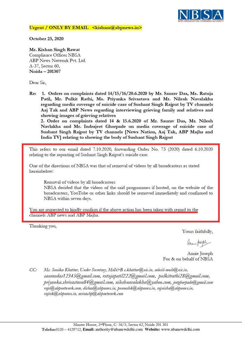 ABP News  @ABPNews asked by NBSA to comply with the direction to remove objectionable videos of coverage of the death of  #SushantSinghRajput