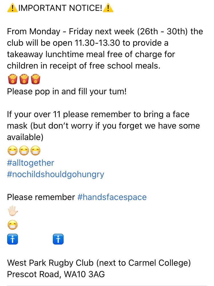 WestParkRFC's tweet photo. Please share so no child goes hungry next week https://t.co/fDPHPUQ0yw
