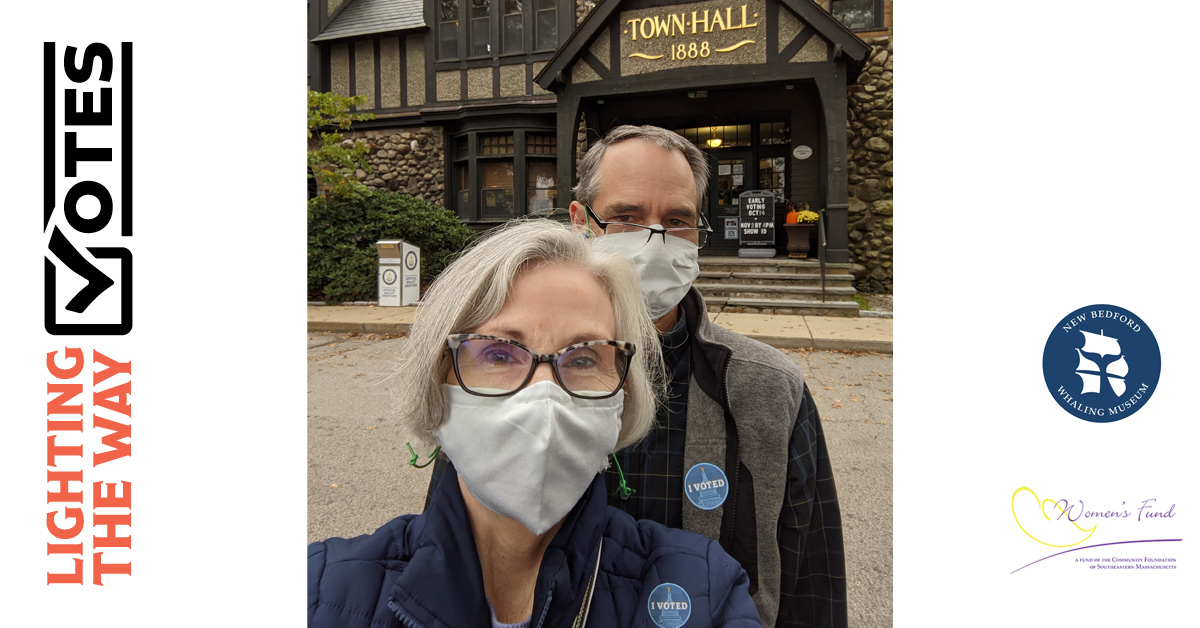 whalingmuseum's tweet photo. Gayle acted on her voting plan today- Voted early✅In person✅At Town Hall ✅With her husband✅ #MyVotingPlan  Check your voting options at https://t.co/0lkwTdKHWF. 
#LightingTheWayVotes is presented by @whalingmuseum and @WomensFundSEMA. https://t.co/jHaBJUX8JT