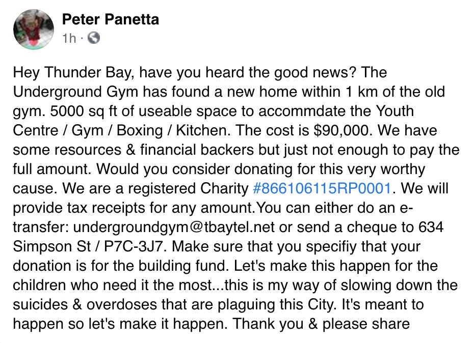 JonSThompson's tweet photo. Peter Panetta says he has found a new home for the Underground Gym, a boxing and athletic program for youth in Thunder Bay's East End/Simpson &amp; Ogden.

The former Underground Gym suffered irreparable water damage when the Hells Angels clubhouse next door burned down a year ago. https://t.co/ttPhCcRg17