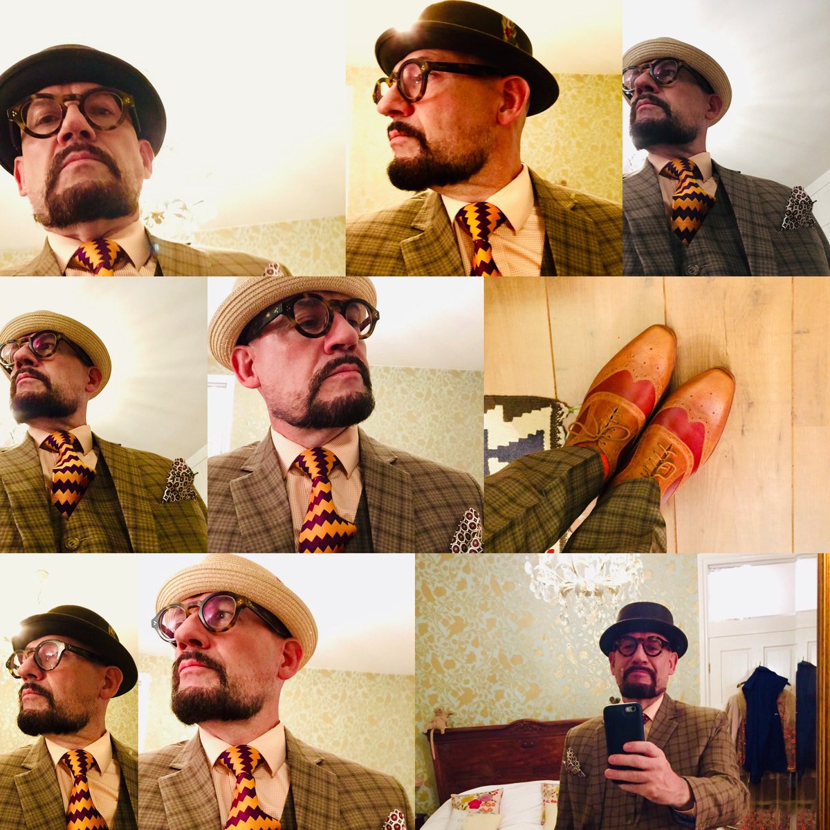 Hatdandy's tweet photo. Season of mists and mellow fruitfulness It’s that time of year - showing out #Autumnal colours today. #Bespoke #woolsuit with #handmade shirt with #vintage #blazer #tie topped with alternatively #Jaxonhats straw #porkpiehat and #piecrust felt #stingybrim porkpiehat #Hatdandy https://t.co/2BjwCbFApq