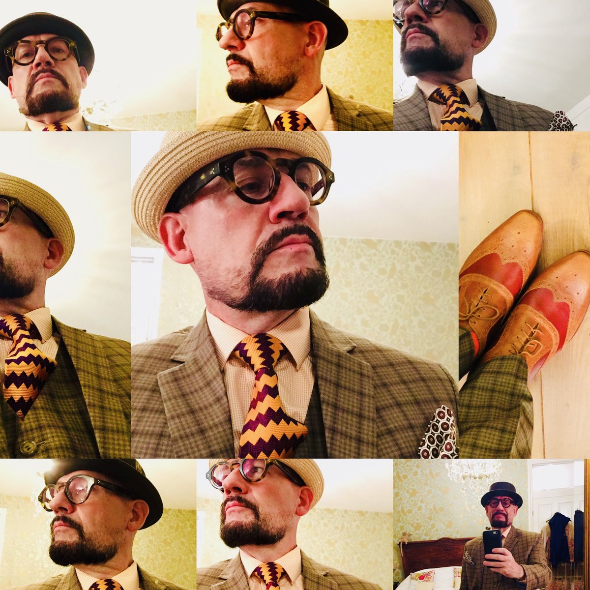 Hatdandy's tweet photo. Season of mists and mellow fruitfulness It’s that time of year - showing out #Autumnal colours today. #Bespoke #woolsuit with #handmade shirt with #vintage #blazer #tie topped with alternatively #Jaxonhats straw #porkpiehat and #piecrust felt #stingybrim porkpiehat #Hatdandy https://t.co/2BjwCbFApq