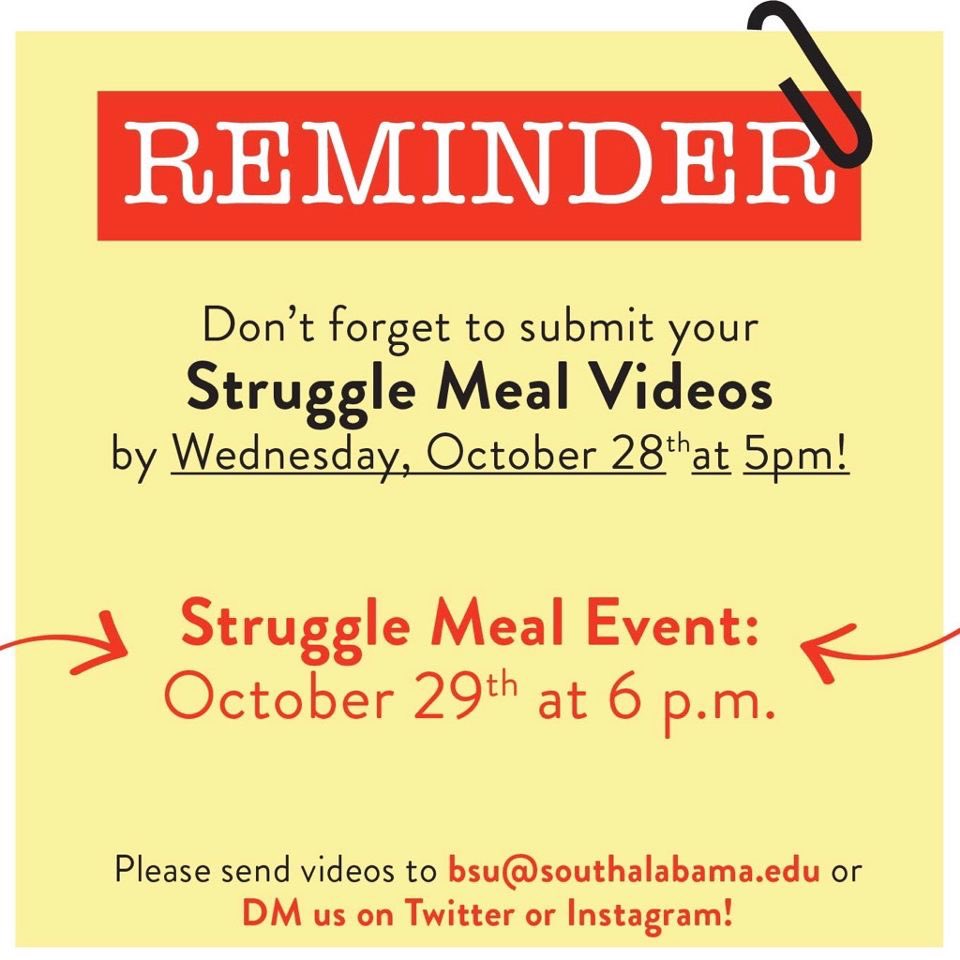 Send us a video of you making your favorite “struggle meal” and you may be featured on our live next week! 👀 Tune in October 29th at 6pm to watch your BSU leaders make their favorite struggle meal(s) !! ‼️‼️