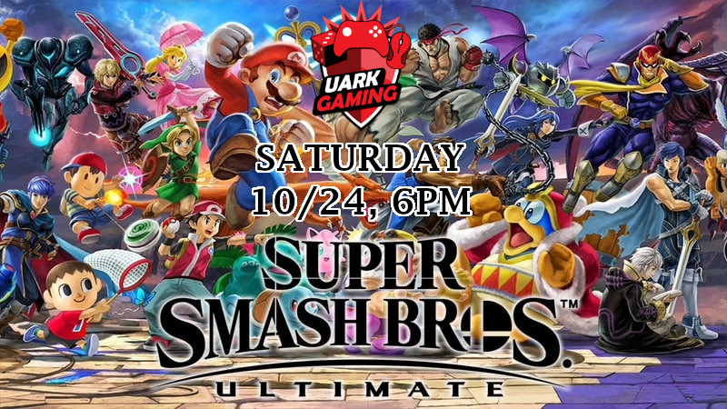 UARKGaming's tweet photo. UARK Gaming joins the battle!
...and you can join us on our Discord (https://t.co/zIWCSV8JJa) this Saturday, 10/24 at 6pm for an online Smash Ultimate tournament! https://t.co/HRiggydxOr