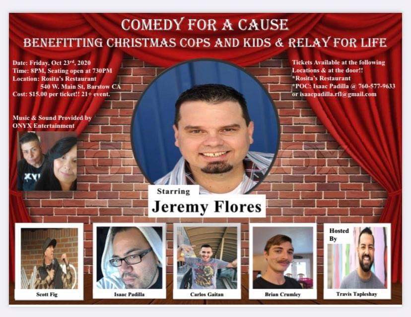 JeremyHFlores's tweet photo. TONIGHT! Barstownians! Rosita's Restaurant
Come on out for a GREAT cause and a great overall time of fun and laughter. Hope to see you all tonight! I'm excited!
#MyHometown #TheMotherland #ImGoinBackToCali #comedy #BarstowCa https://t.co/jgeqRaZUXI
