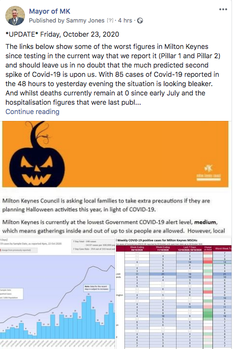 mayor_mk's tweet photo. *UPDATE* Friday, Oct 23, 2020
Includes details on the rising cases of Covid-19 cases for #MiltonKeynes, advice for Halloween and local sport news
Read in full here: https://t.co/fs6q7M8s32
#MKMayor https://t.co/IE439LkCjQ