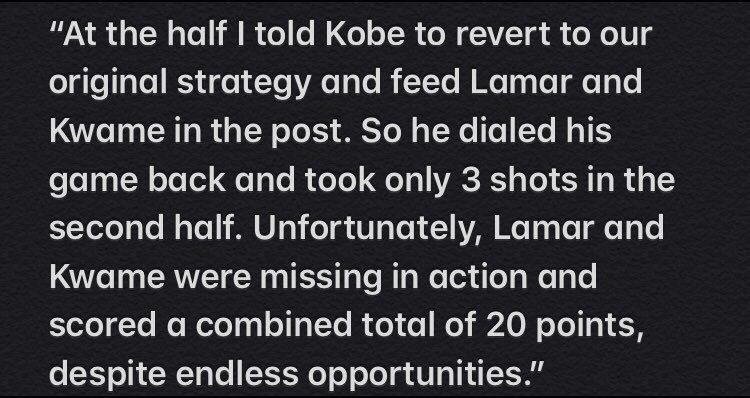 Here’s Phil Jackson stating that he told Kobe to take less shots and feed the ball to Lamar and Kwame in the post. This is why Kobe only took 3 shots in that game. Despite endless opportunities to score, Brown & Odom scored a combine total of 20 points on 29.1 FG% (7/24 FG).