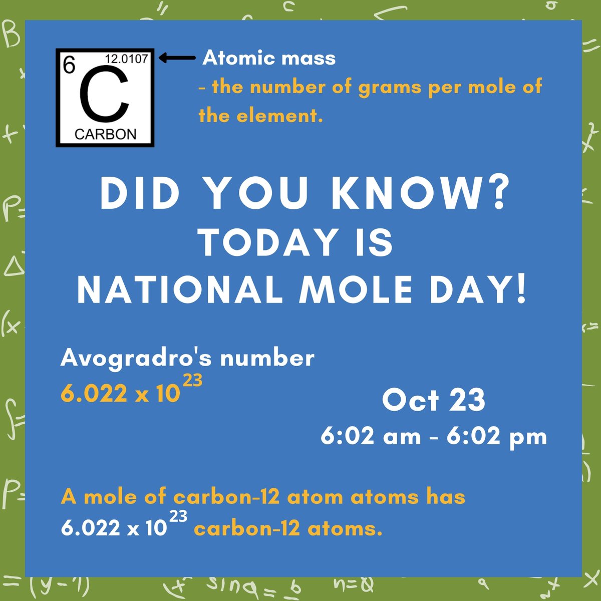 SDEngineers's tweet photo. Happy National Mole Day! Learn more about chemical engineering: https://t.co/eheKKYKkLR

#SDCEC #SanDiegoEngineers #MoleDay #MoleDay2020 #chemistry #mass #molecule #MOLEzilla #ChemicalEngineering #ChemicalEngineers https://t.co/Ti7ndFLBfL