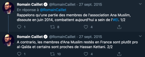 Parmi les “victimes d'islamophobie” défendues par le CCIF, le collectif a soutenu l’association Ana Muslim dissoute en juin 2014 pour motif d’apologie au terrorisme. Romain Caillet rappelle qu’une partie d'Ana Muslim s'est engagée en faveur de Daech.  #Stopislamistes 5/n