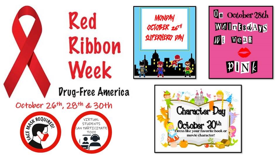 Next week is Red Ribbon Week! Great lessons and dress up themes on Monday, Wednesday, and Friday. #RedRibbonWeek2020
