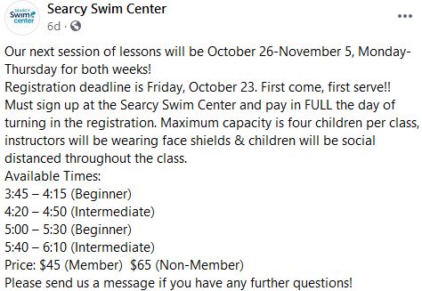 VisitSearcy's tweet photo. Have a great weekend! This Searcy Things To Do includes Swim Lessons, Boo at the Drive Thru, Costume Contest, Cornerstone Kids, Marcos Pizza, Searcy Beauty College &amp; more https://t.co/S3N23rT7Qp https://t.co/pPhRAkVrN4