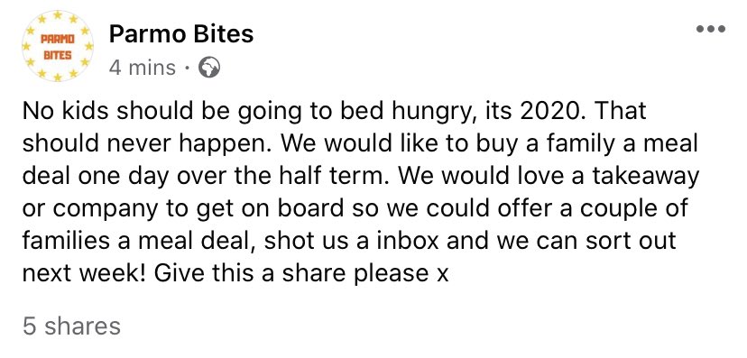 ParmoHunters's tweet photo. No kids should be going to bed hungry, its 2020. That should never happen. We would like to buy a family a meal deal one day over the half term. We would love a takeaway or company to get on board so we could offer a couple of families a meal deal, shot us a inbox &amp; lets do it https://t.co/IgLjhvVeAj