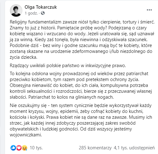 "Od dziś wszyscy jesteśmy wojowniczkami." #OlgaTokarczuk #StrajKobiet